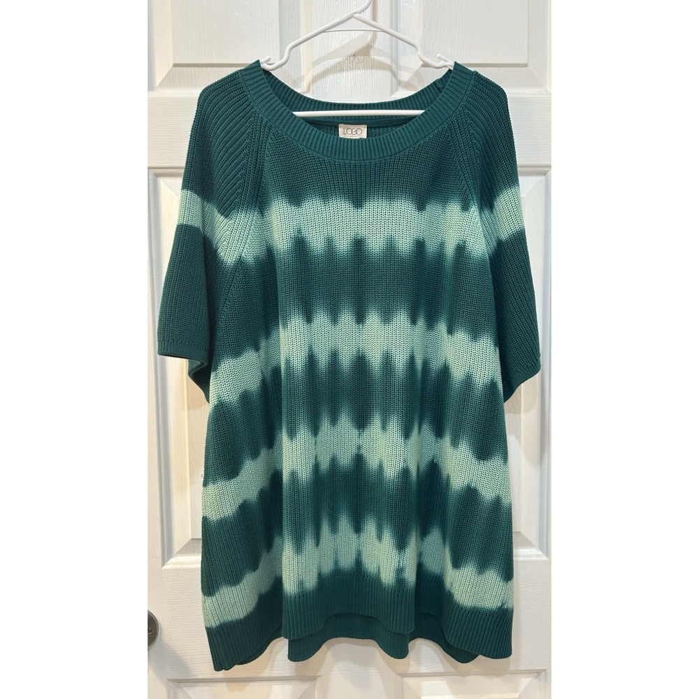 LOGO by Lori Goldstein Sz 2X Cotton Tie-Dye Pullover Sweater Green Short Sleeve